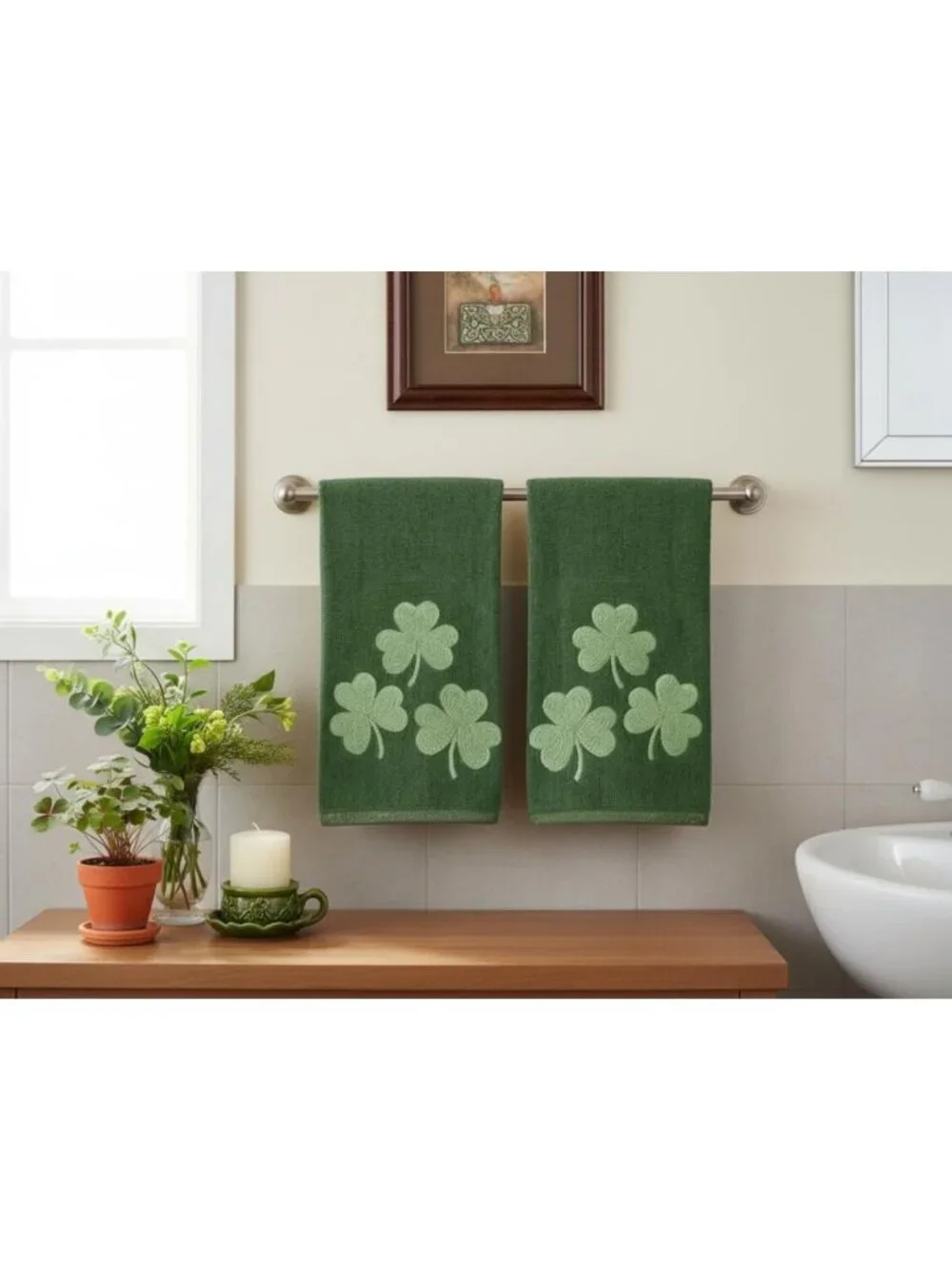 St. Patrick's Day Hand Towels Set - Soft Cotton, Embroidered Shamrocks, Green